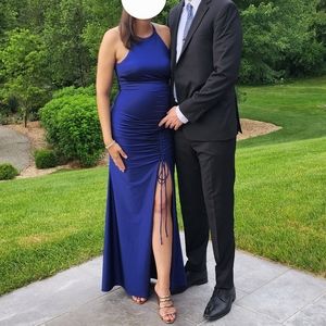 AQUA Sateen Ruched Long Halter Dress